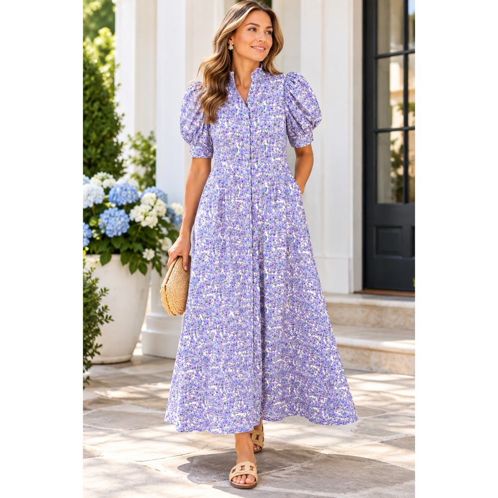 Tuckernuck Hyacinth House Lavender Button Front Puff Sleeve Maxi Dress ($228) L